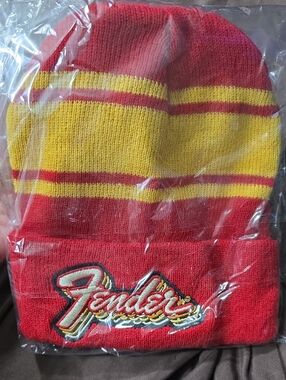 Fender Red & Yellow Striped Knit Beanie